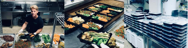 Tom Gianelli preparing and packaging whole-food meals for unhoused communities in a commercial kitchen in Los Angeles.