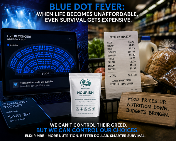 split-screen image showing unsold blue concert seats beside expensive grocery items and an Elixir MRE Nourish bag, symbolizing rising living costs and the search for affordable nutrition solutions.