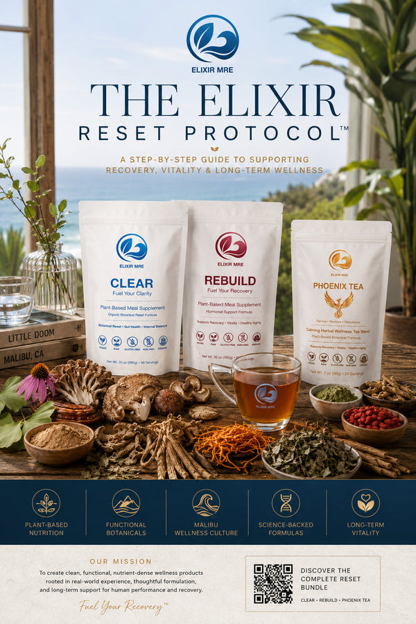 Elixir MRE CLEAR, REBUILD, and Phoenix Tea products displayed with botanical ingredients on a Malibu ocean-view table for The Elixir Reset Protocol wellness guide.