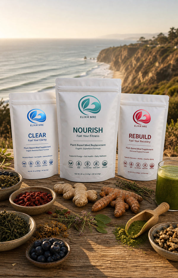 The Elixir Three-Stage Protocol featuring CLEAR™, REBUILD™, and NOURISH™ plant-based wellness formulas