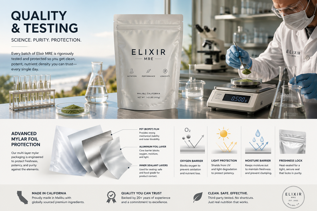 Scientist testing Elixir MRE superfood powder beside advanced mylar foil packaging designed to protect nutrients from oxygen, moisture, and UV light.