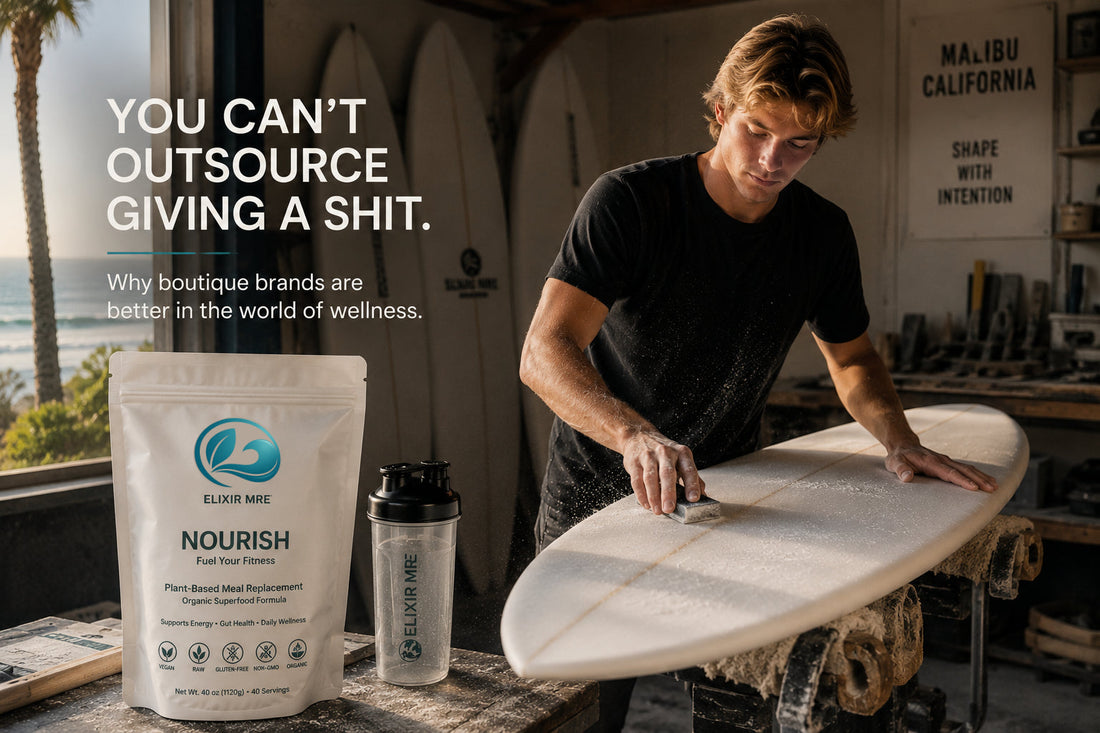 Elixir MRE founder Tom Gianelli shaping a surfboard in a Malibu workshop beside a bag of NOURISH plant-based meal replacement, illustrating founder-led craftsmanship and boutique wellness.