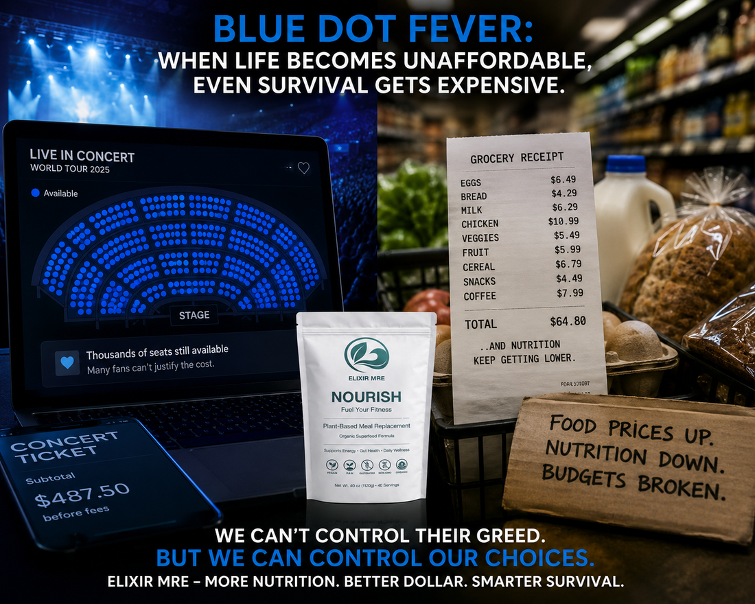 split-screen image showing unsold blue concert seats beside expensive grocery items and an Elixir MRE Nourish bag, symbolizing rising living costs and the search for affordable nutrition solutions.