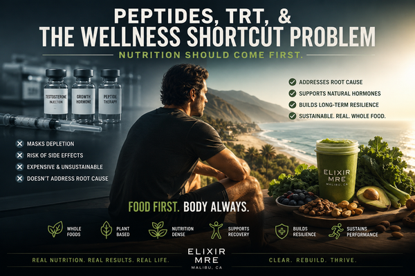 Man overlooking Malibu coastline beside whole-food plant-based nutrition smoothie contrasting peptides, TRT, and hormone therapy with natural recovery and food-first wellness lifestyle.