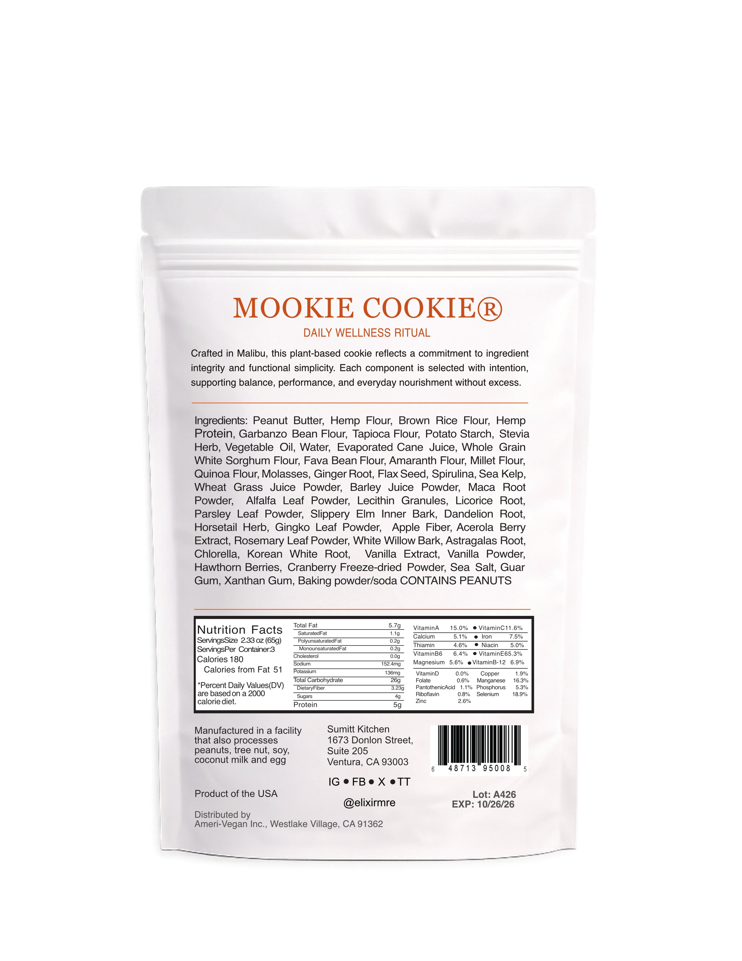 MOOKIE COOKIE® Peanut Butter | Plant-Based Meal Cookie | Elixir MRE
